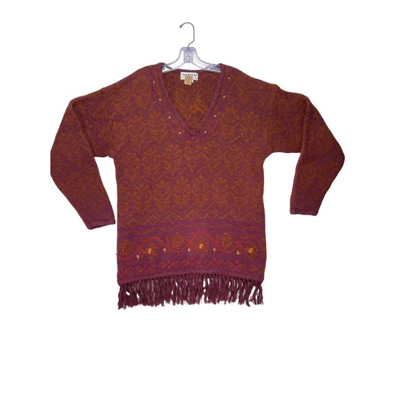 Nipon Studio Women's Vintage Sweater Embroidered Fringe Wool Cotton Red XL - Picture 3 of 16